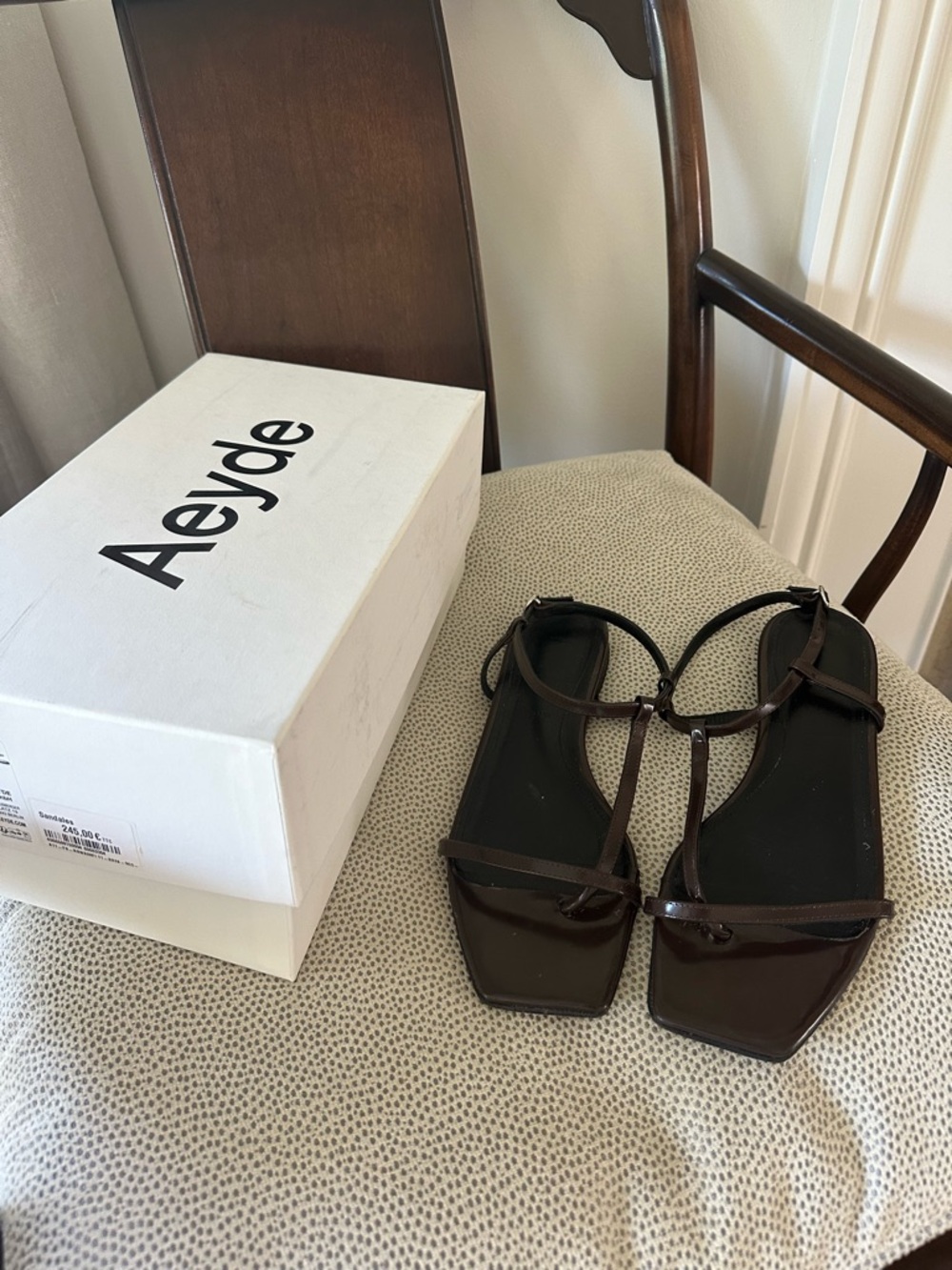 Aeyde Dark Brown Leather Strappy Square-Toe Sandals